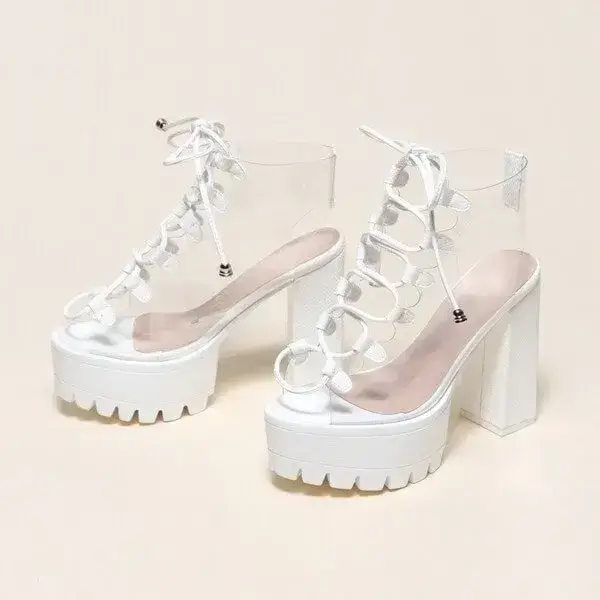 Womens Transparent Lace-Up Platform Heels | Open-Toe Block Shoes in Black, White, Yellow