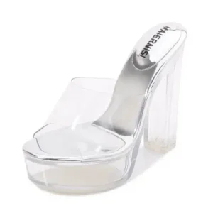 Baccashoes Women Fashion Plus Size Transparent Crystal Chunky Heel Platform High