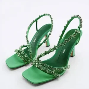 Baccashoes Women Fashion Plus Size Sexy Rhinestone Strap Square Toe Heeled Sandals