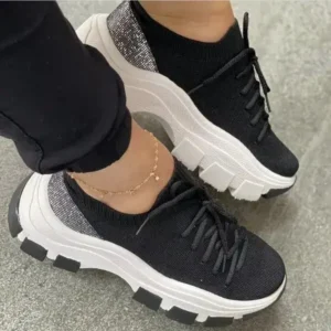 Baccashoes Wedge Heel Flying Woven Colorblock Lace-Up Sneakers Large Size Casual Low Top Women Shoes