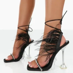 Baccashoes Women Fashion Sexy Rhinestone Feather Decorative Solid Color High Heel Sandals Shoes