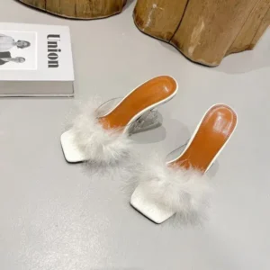 Baccashoes Women Fashion Sexy Feather Decoration Solid Color Chunky High Heel Slippers Shoes