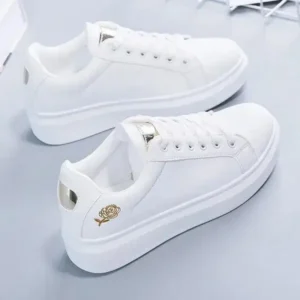 Baccashoes Women Casual Fashion Rose Embroidery Thick-Soled Comfortable PU Leather White Sneakers