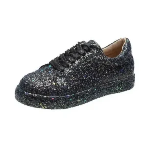 Baccashoes Women Creative Casual Sequined Solid Color Lace-Up Low-Top Flat Sneakers