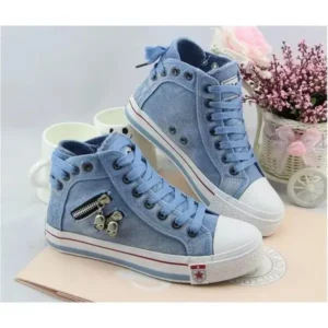 Baccashoes Women Casual Spring Zipper Decor Lace-Up High Top Denim Canvas Sneakers