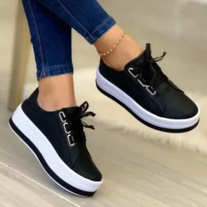 Baccashoes Women Casual Round Toe Lace-Up Block Color Platform Shoes PU Sneakers