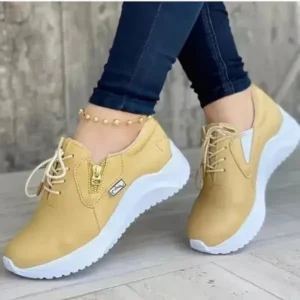 Baccashoes Women Casual Round Toe Low Cut Lace-Up PU Side Zipper Design Solid Color Sneakers