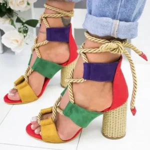 Baccashoes Women Fashion Sexy Cross Hollow Lace Up Design Color Blocking High Heel Sandals Shoes