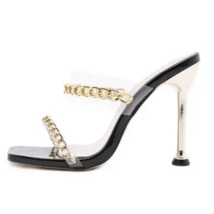 Baccashoes Women Sexy Plus Size Metal Chain Square-Toe High Heel Sandals