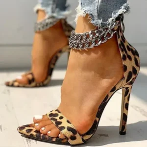 Baccashoes Women Sexy Metal Chain Buckle Ankle Strap Animal Printed High Heels