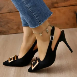 Baccashoes Summer Women Fashion Casual Plus Size Solid Color Pointed Toe Metal Buckle Sling Back High Heel Sandals