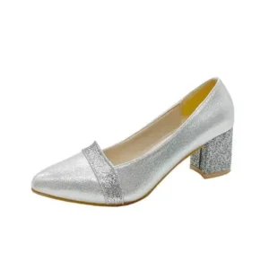 Baccashoes Women Fashion Casual Sequins Pointed Toe Pumps With Chunky Heels