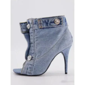 Baccashoes Women Fashion High Heel Denim Button High Top Boots