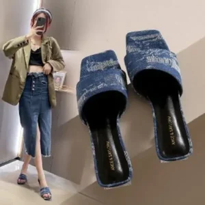 Baccashoes Women Fashion Casual PU Denim Square Toe Chunky Heel Slippers