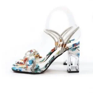 Baccashoes Women Fashion Sexy PU Rhinestone Floral Printed Square Toe Chunky Heel ?Sandals