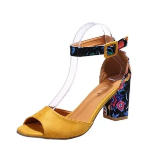 Baccashoes Women Fashion Sexy PU Floral Printed Peep Toe Chunky Heel Ankle Strap Buckle Sandals