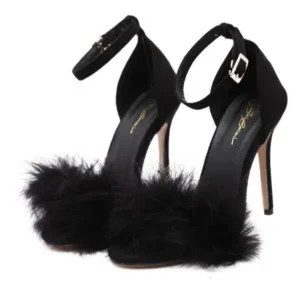 Baccashoes Women Fashion Sexy PU Solid Color Feather Peep Toe Stiletto Heel Ankle Strap Buckle Sandals