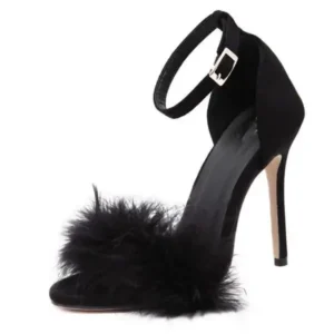 Baccashoes Women Fashion Sexy Solid Color Feather Peep Toe Stiletto Heel Ankle Strap Buckle Sandals