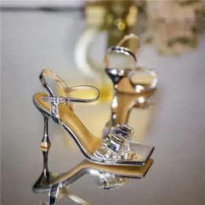 Baccashoes Women Fashion Sexy PU Rhinestone Square Toe Ankle Strap Buckle Stiletto Heel Sandals