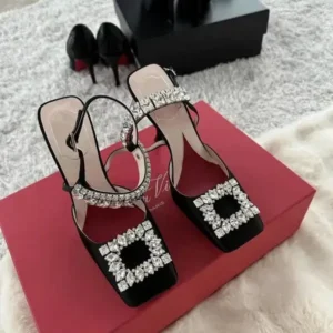 Baccashoes Women Fashion Elegant PU Square Toe Rhinestone Stiletto Heel Ankle Strap Buckle Sandals