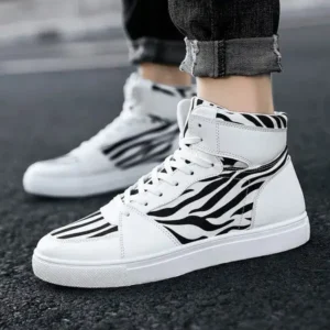 Baccashoes Men'S Fashion Zebra Print Breathable Canvas High Top Sneakers