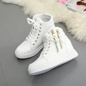 Baccashoes Women Fashion Solid Color Side Zipper Lace-Up Round Head Thick-Soled Sneakers