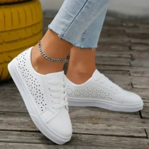 Baccashoes Women Fashion Solid Color Plus Size Hollow Lace-Up Round-Toe Sneakers