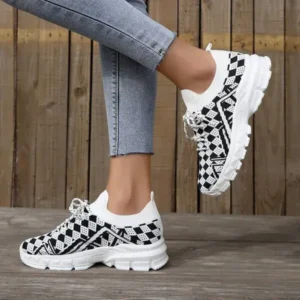 Baccashoes Summer Women Fashion Casual Geometric Print Fly-Woven Lace-Up Sneakers