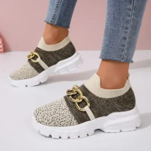 Baccashoes Women Fashion Color Block Metal Chain Thick-Soled Breathable Fly-Woven Sneakers