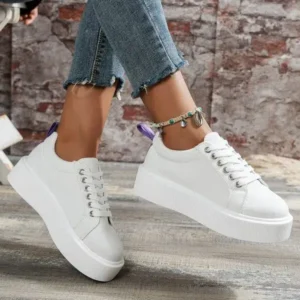 Baccashoes Women Fashion Solid Color Round-Toe Lace-Up Thick-Soled Sneakers