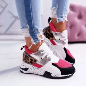 Baccashoes Women Casual Leopard Printed Patchwork Lace Up Sneakers