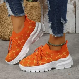 Baccashoes Women Fashion Plus Size Casual Flying Woven Lace-Up Round Toe Sneakers