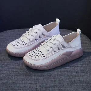 Baccashoes Women Fashion Casual Solid Color PU Lace-Up Hollow Breathable Sneakers