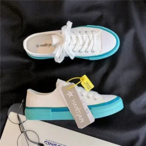 Baccashoes Women Fashion Cream Blue Canvas Lace-Up Sneakers