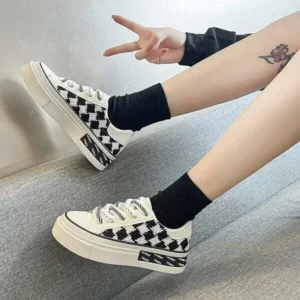 Baccashoes Women Fashion Platform Checkerboard Canvas Sneakers