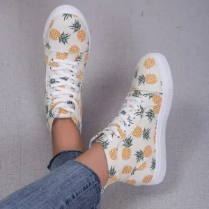 Baccashoes Women Fashion Round Toe Lace-Up Pineapple Strawberry Flat Sneakers