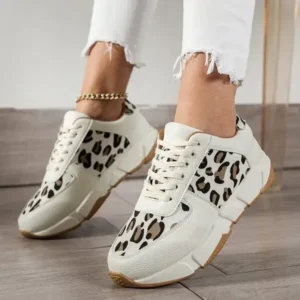 Baccashoes Women Fashion Round Toe Stitching Lace Up Low Top Leopard Sports Sneakers